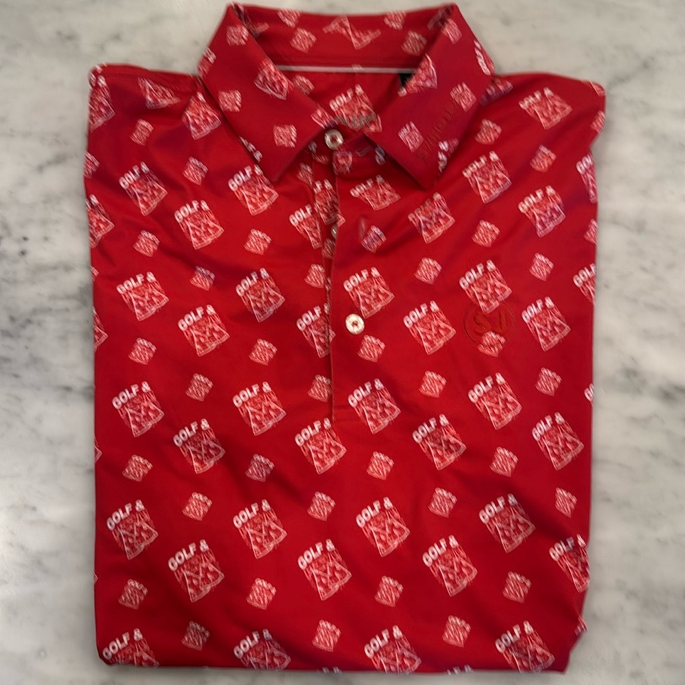 Red Golf & Pizza golf shirt.